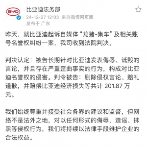 法院裁定：“龙猪-集车”自媒体因诋毁比亚迪被判赔201.87万元 ...